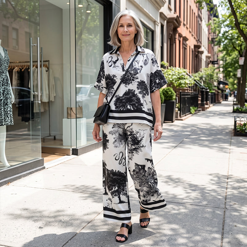 🔥🌊Damen-Set mit Print: Top mit V-Ausschnitt & lange Hose