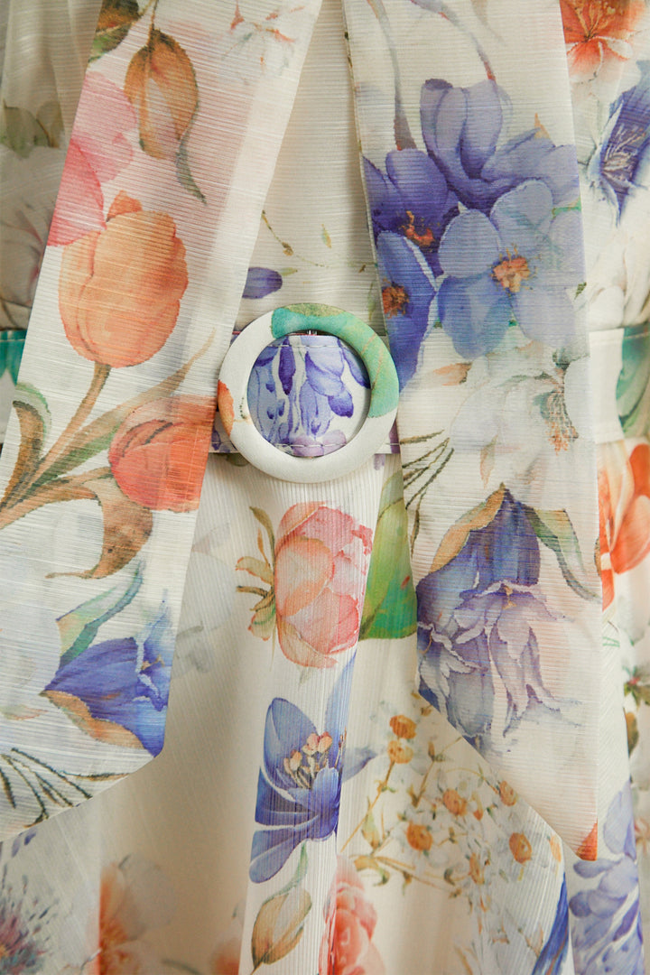 Mooie Darling Beige Bloemenprint Puff Sleeve Maxi Jurk