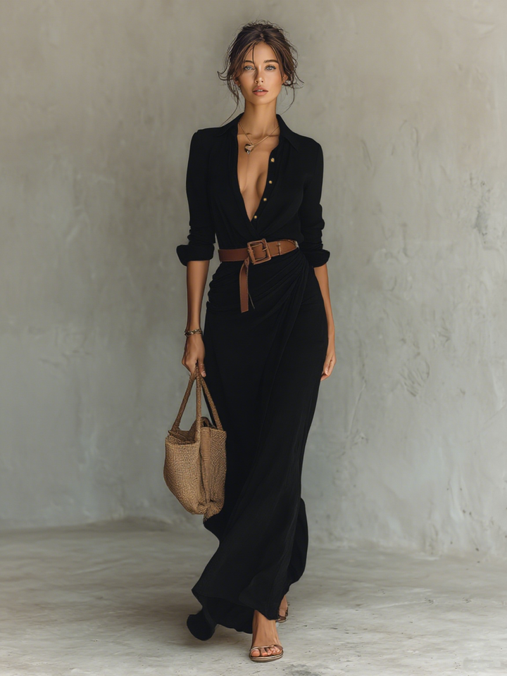 CHARLOTTE™ | Elegant Belted Maxi Shirt Dress
