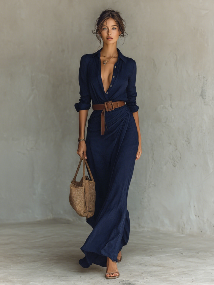 CHARLOTTE™ | Elegant Belted Maxi Shirt Dress