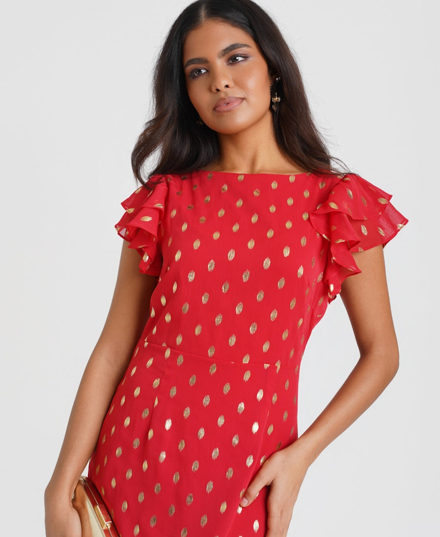 Red Flutter Sleeve Foil Midaxi Dress