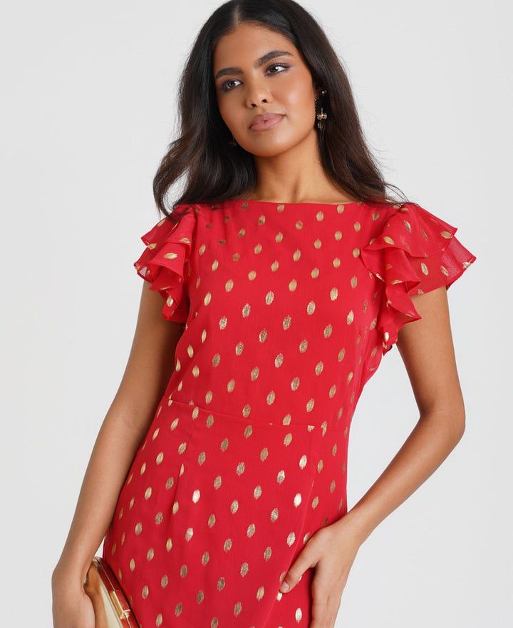 Red Flutter Sleeve Foil Midaxi Dress