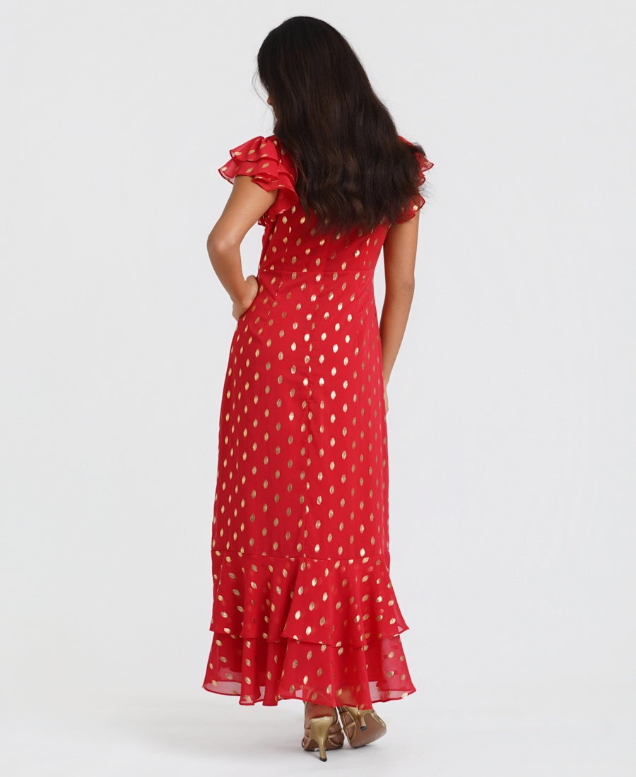 Red Flutter Sleeve Foil Midaxi Dress