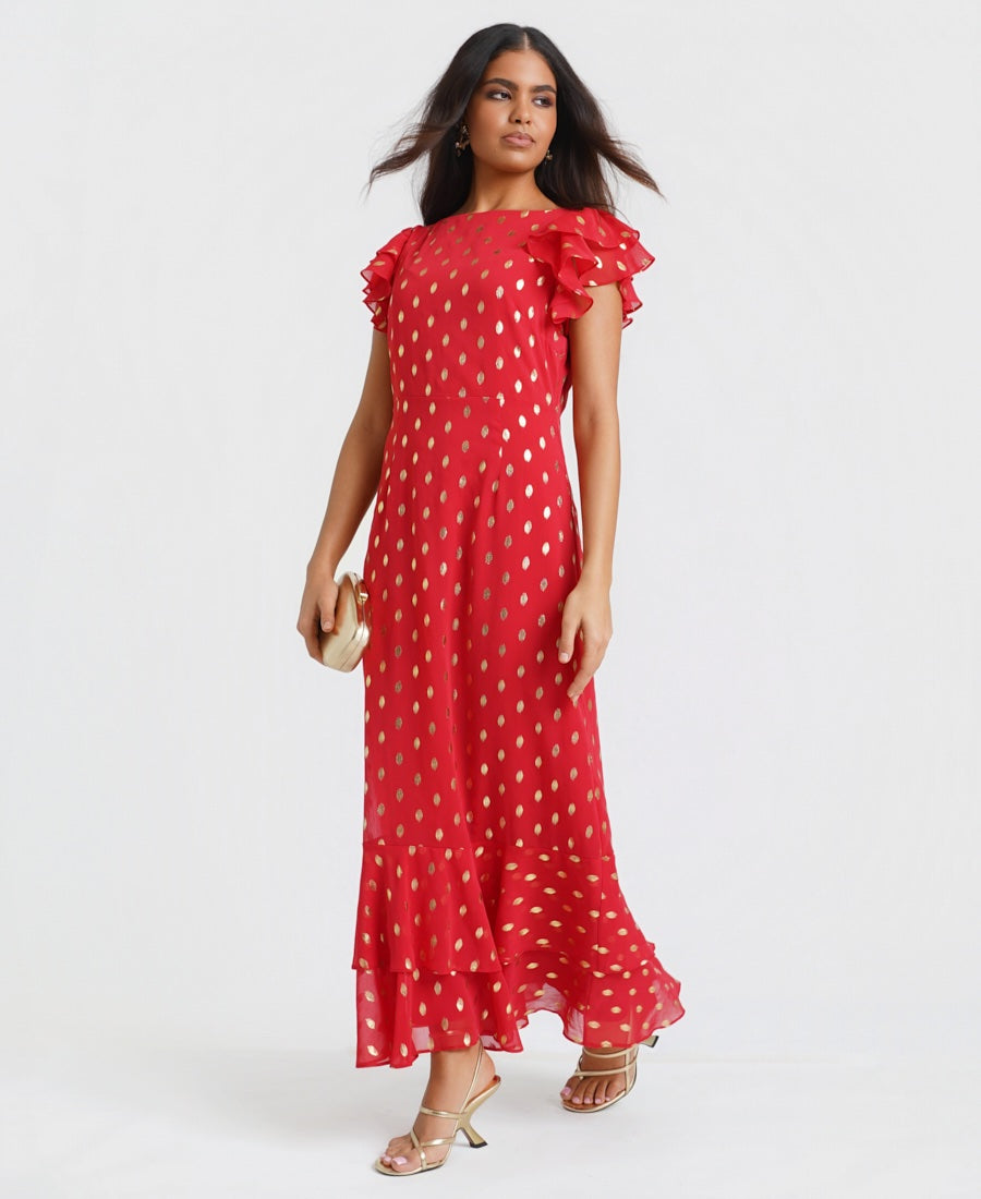 Red Flutter Sleeve Foil Midaxi Dress