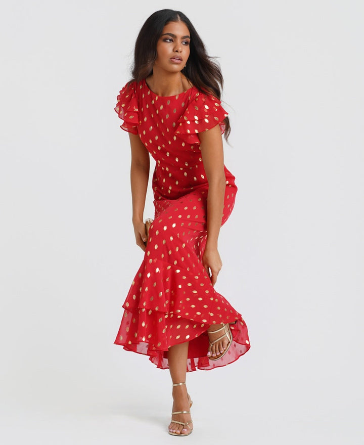 Red Flutter Sleeve Foil Midaxi Dress