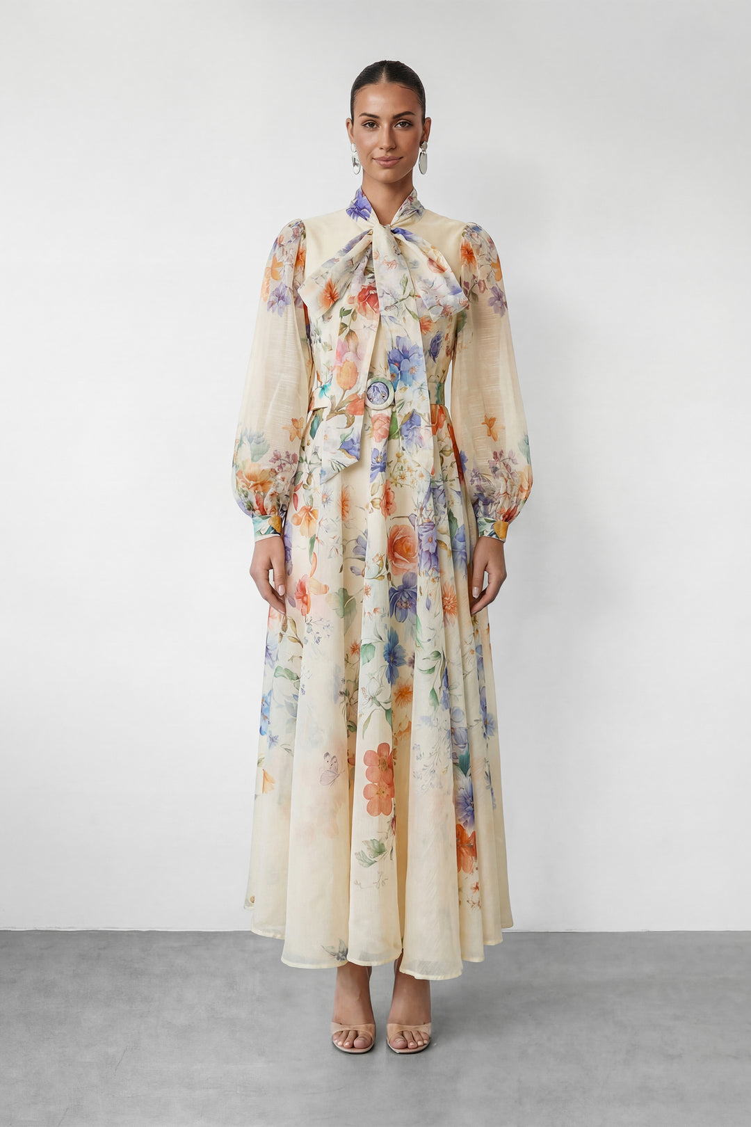 Mooie Darling Beige Bloemenprint Puff Sleeve Maxi Jurk