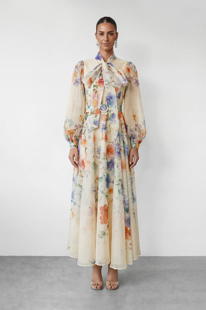 Mooie Darling Beige Bloemenprint Puff Sleeve Maxi Jurk