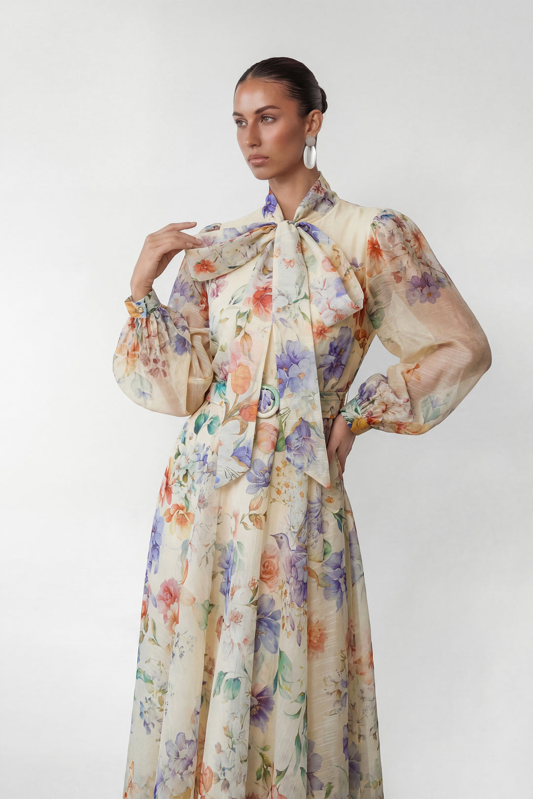 Mooie Darling Beige Bloemenprint Puff Sleeve Maxi Jurk