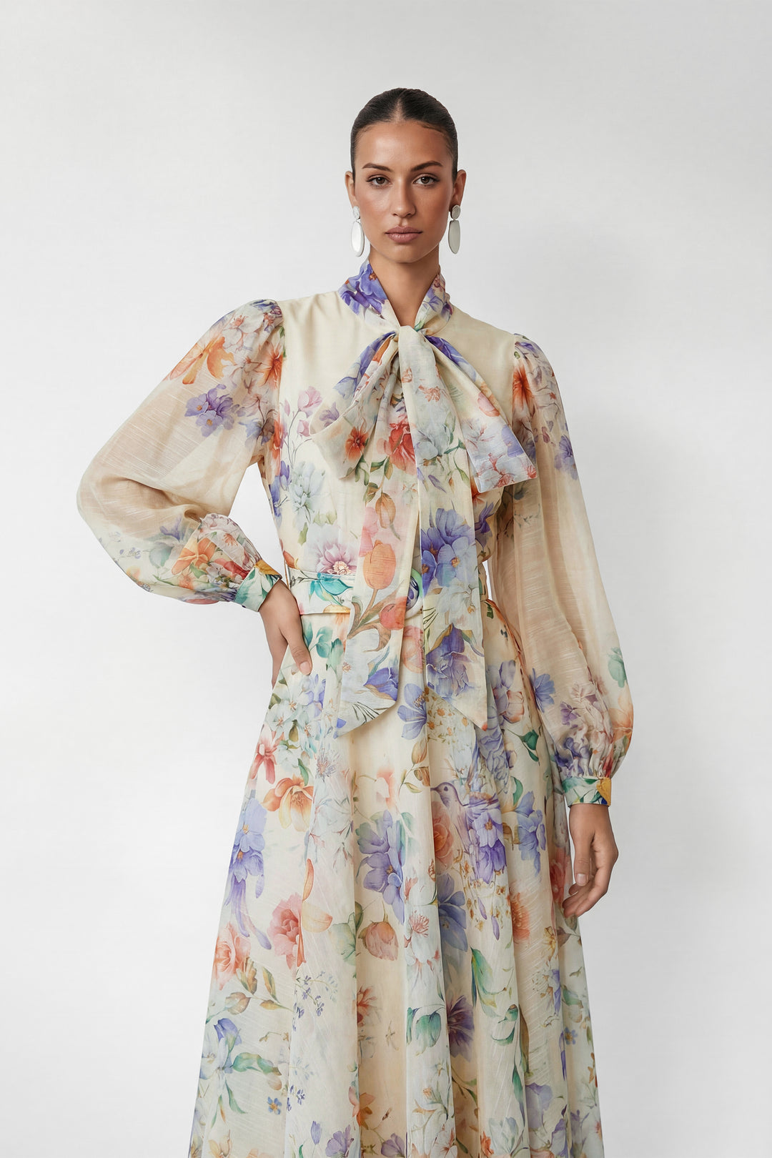 Mooie Darling Beige Bloemenprint Puff Sleeve Maxi Jurk