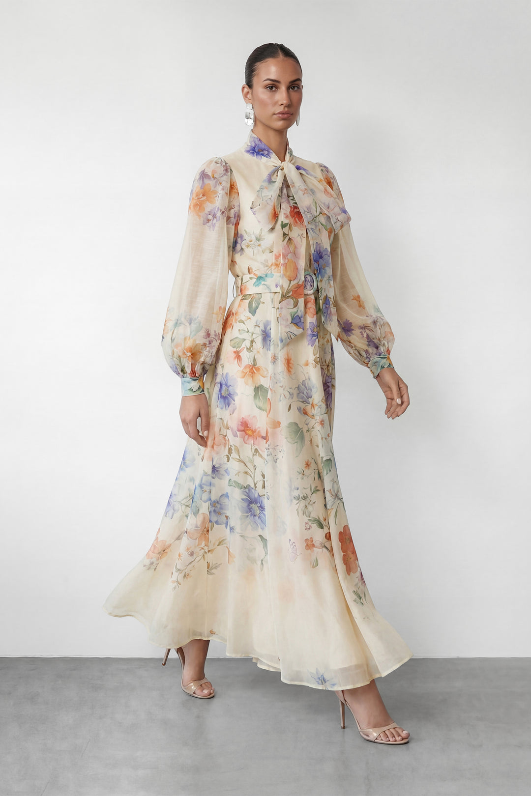 Mooie Darling Beige Bloemenprint Puff Sleeve Maxi Jurk