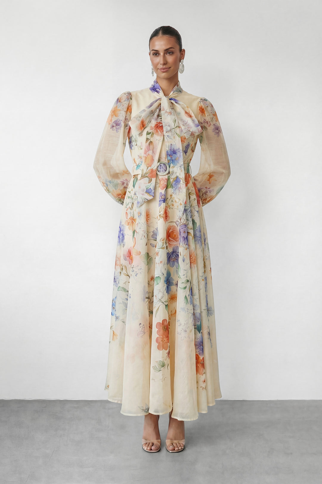 Mooie Darling Beige Bloemenprint Puff Sleeve Maxi Jurk