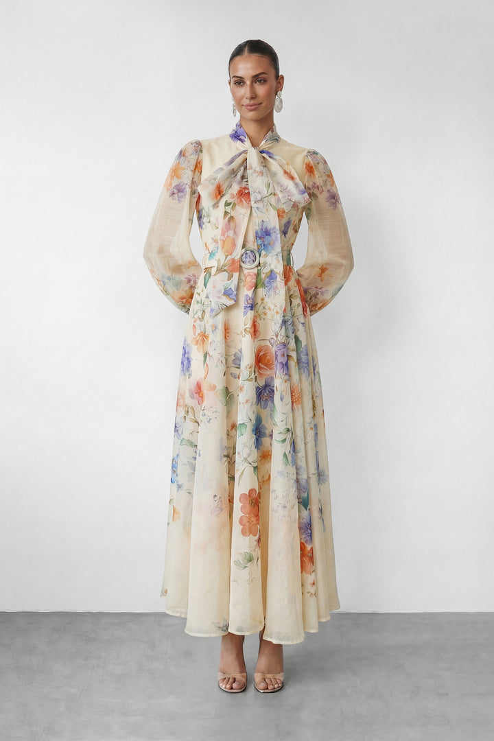 Mooie Darling Beige Bloemenprint Puff Sleeve Maxi Jurk