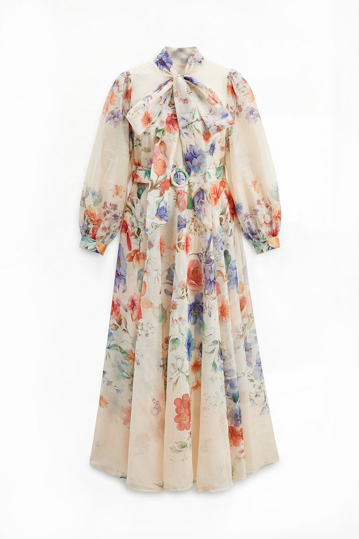 Mooie Darling Beige Bloemenprint Puff Sleeve Maxi Jurk