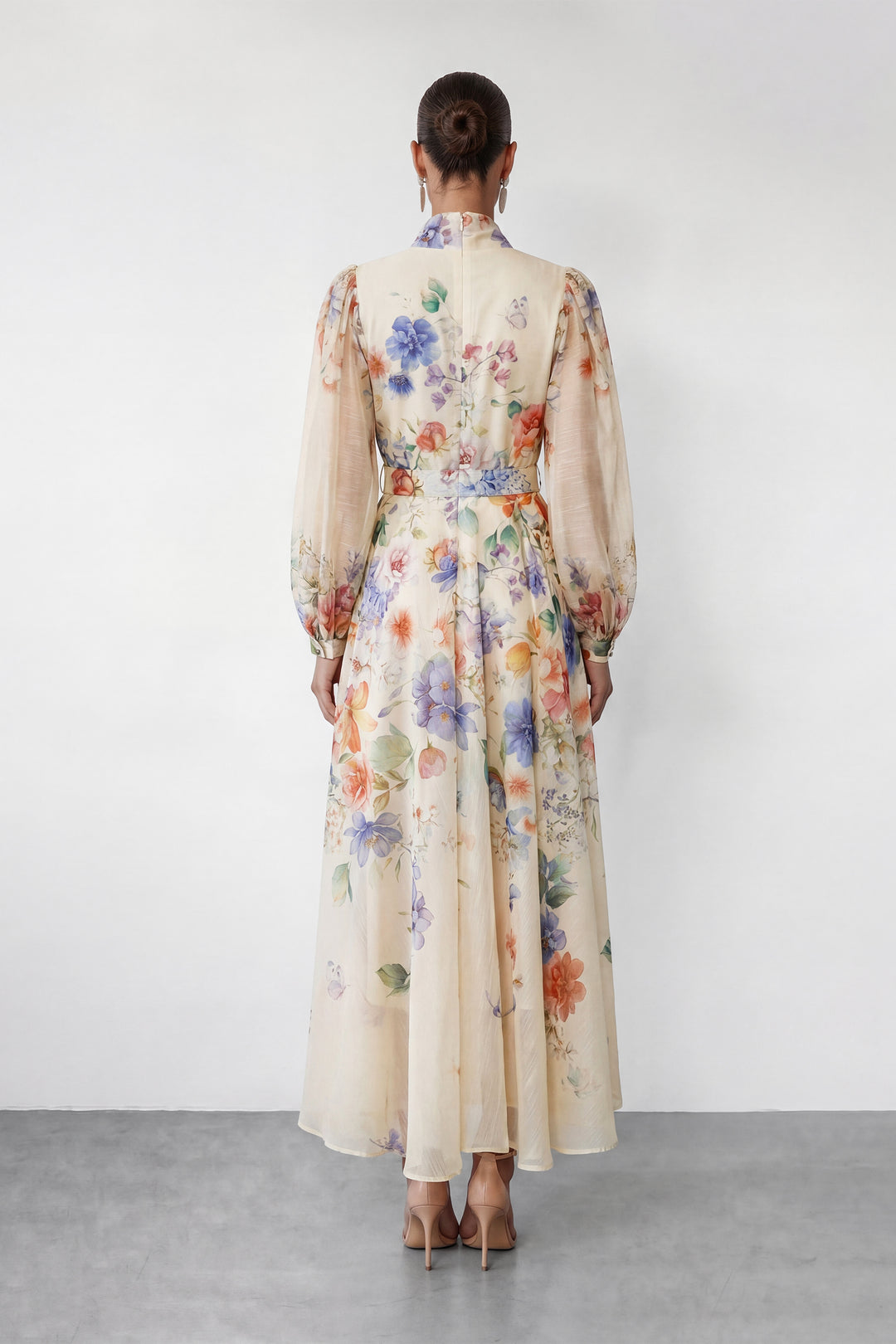 Mooie Darling Beige Bloemenprint Puff Sleeve Maxi Jurk