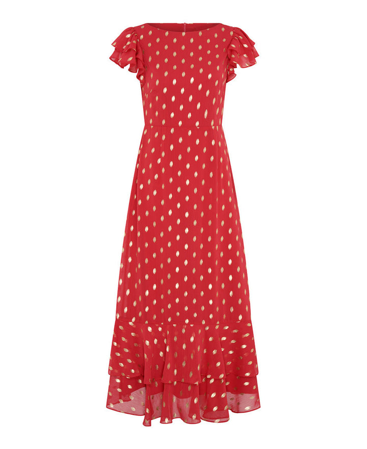 Red Flutter Sleeve Foil Midaxi Dress