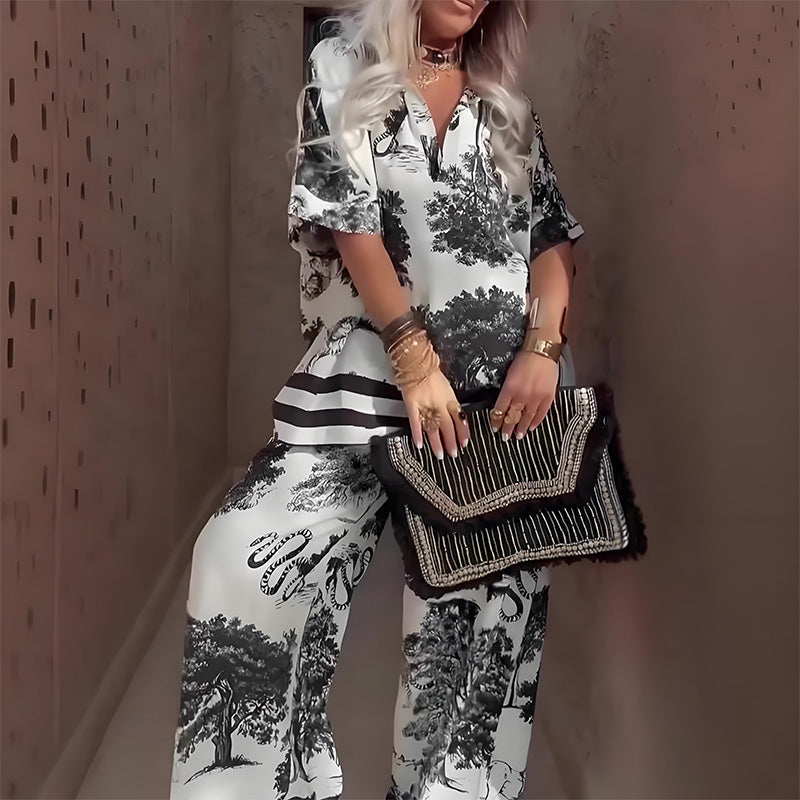 🔥🌊Damen-Set mit Print: Top mit V-Ausschnitt & lange Hose