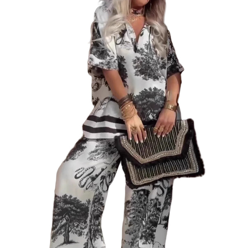 🔥🌊Damen-Set mit Print: Top mit V-Ausschnitt & lange Hose